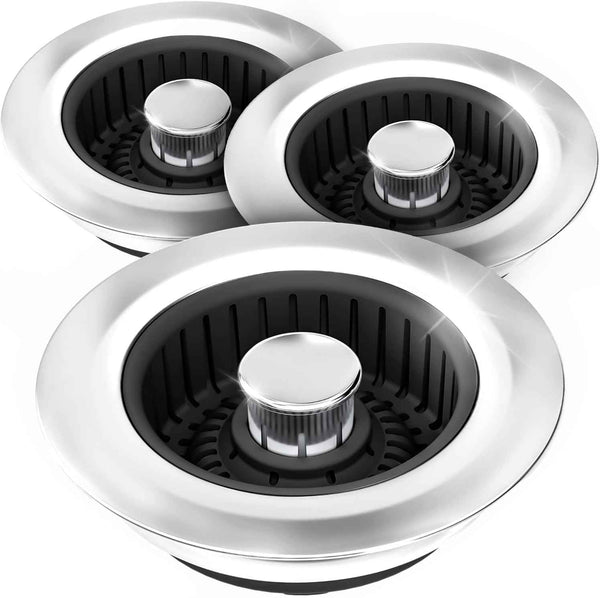 Upgraded 3in1 Kitchen Sink Drain Strainer & Sink Stopper, Stainless Steel Kitchen Drain Plug & Sink Installation Parts with Anti-Clogging Basket, Fit US Standard 3-1/2'' Sink Drain Hole, Silver