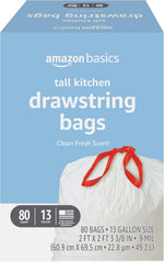 Amazon Basics Tall Kitchen Drawstring Trash Bags, Sturdy and Tear Resistant, 13 Gallon, Unscented, 120 Count