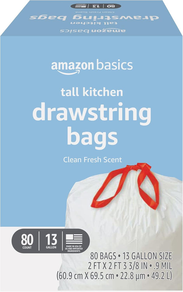 Amazon Basics Tall Kitchen Drawstring Trash Bags, Sturdy and Tear Resistant, 13 Gallon, Unscented, 120 Count