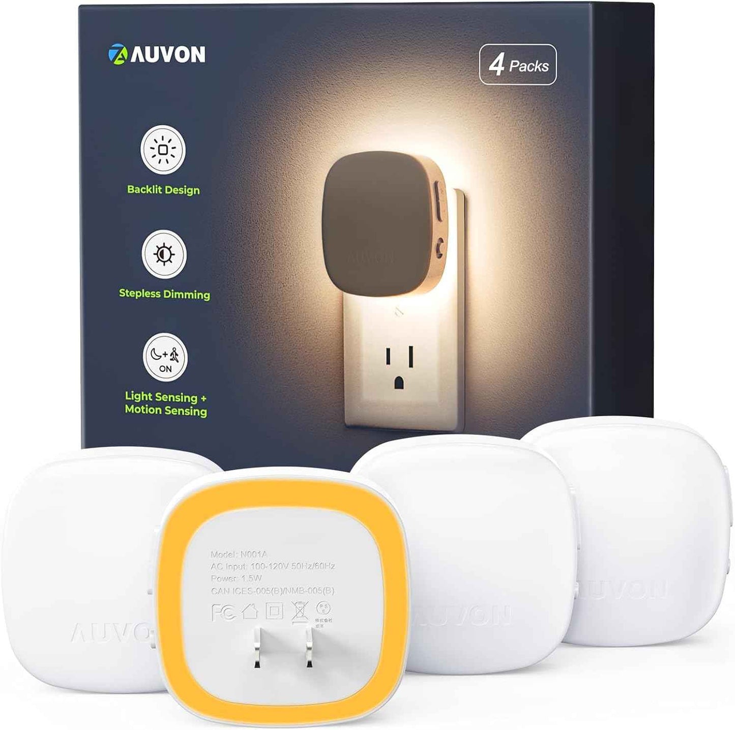 AUVON Plug-in LED Backlit Night Light with Motion Sensor & Dusk to Dawn Sensor, Dimmable Warm White Nightlight with 1-50 lm Adjustable Brightness for Bedroom, Bathroom, Stairs, Hallway (4 Pack)