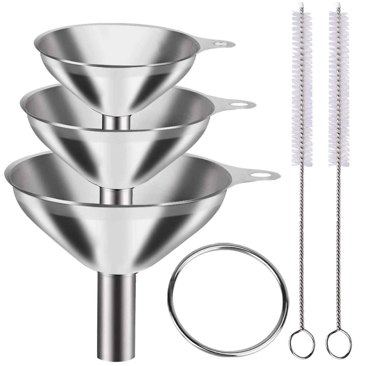 Metal Stainless Steel Funnel, Large Medium Small Funnel Set of 3, Food Grade Mini Funnels for Kitchen Use Filling Bottles Flask Cooking, 2 Brushes YLYL