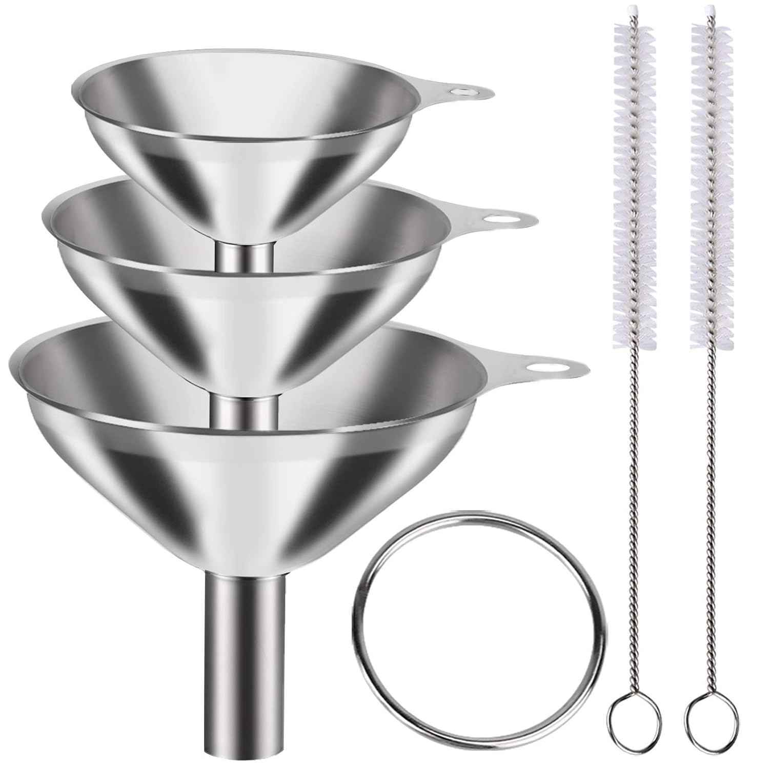 Metal Stainless Steel Funnel, Large Medium Small Funnel Set of 3, Food Grade Mini Funnels for Kitchen Use Filling Bottles Flask Cooking, 2 Brushes YLYL