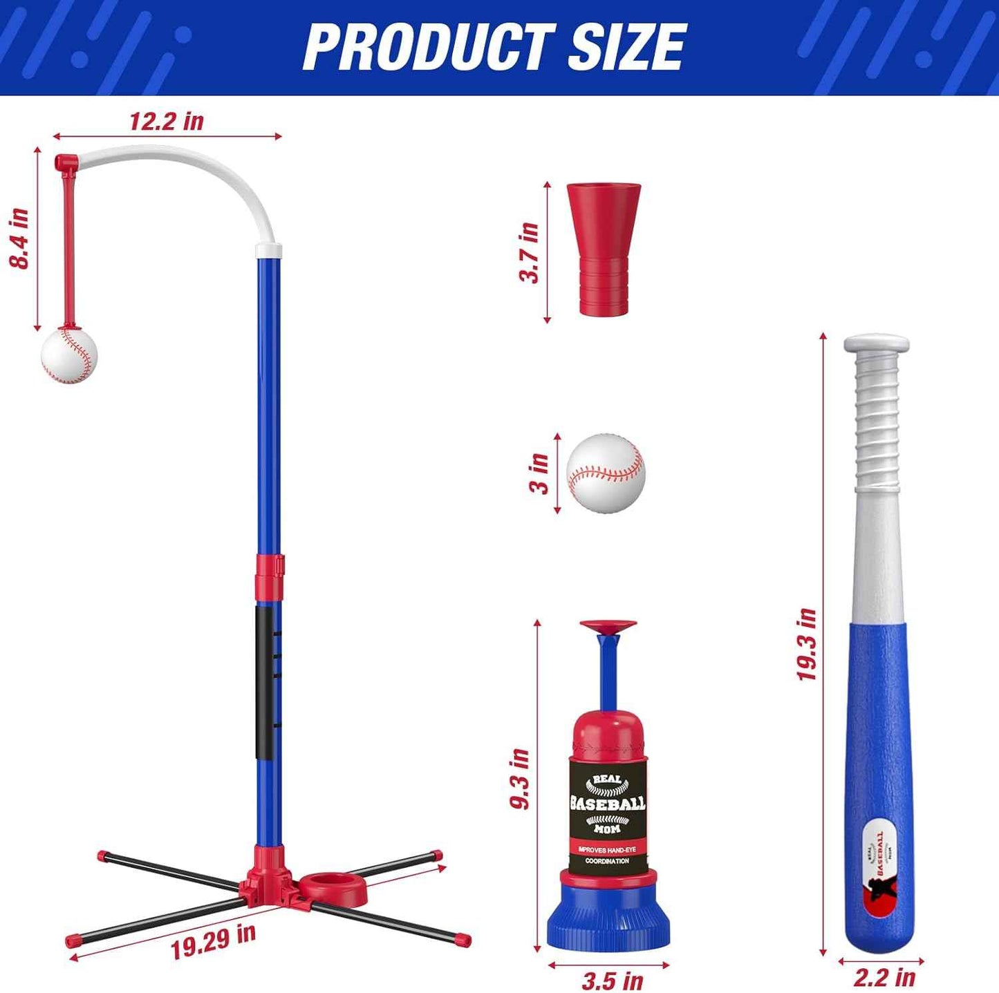 3-in-1 Baseball Set for Kids 3-5 - Tee Ball Stand, Hanging Tee, Ball Launcher and 6 Softballs - Adjustable Height, Indoor/Outdoor Sport Gifts for Boys Girls, Blue
