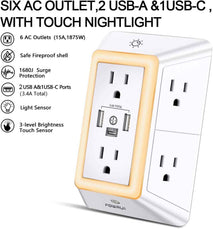 POWRUI Multi Plug 6 Outlet Surge Protector Extender with 3 USB Ports (1 USB C) and Night Light, 3-Sided Power Strip with Adapter Spaced Outlets, ETL Listed, White