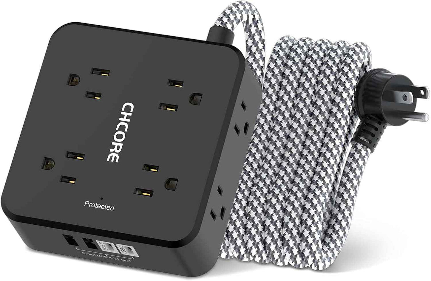 Surge Protector Power Strip - CHCORE 5Ft Braided Extension Cord with 8 Outlets with 4 USB (2 USB C) Charging Ports, Flat Plug Multi Plug Outlet Extender Charging Station for Home Office, ETL, White