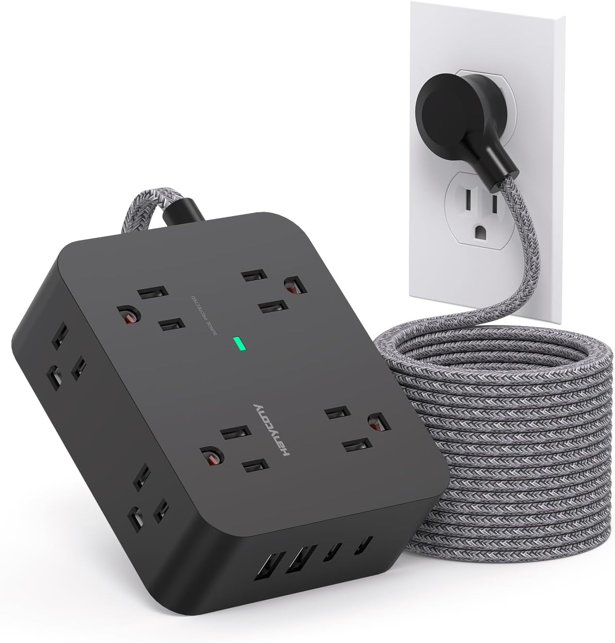 HANYCONY Surge Protector Power Strip – 8 Outlets with 4 USB Ports (2 USB-C), 5Ft Braided Extension Cord, Flat Plug Multi Outlet for Home & Office