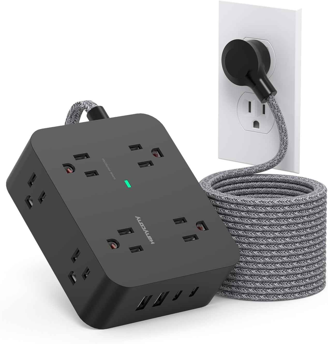 Surge Protector Power Strip - HANYCONY 8 Outlets 4 USB (2 USB C) Charging Ports, Multi Plug Outlet Extender, 5Ft Braided Extension Cord, Flat Plug Wall Mount Desk Charging Station for Home Office ETL