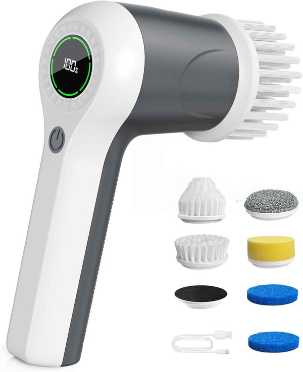 Electric Spin Scrubber, Cordless Shower Scrubber with Battery Level Display, 2 Speeds Electric Scrubber for Cleaning with 6 Replaceable Heads, Cleaning Brush for Bathroom/Sink/Window
