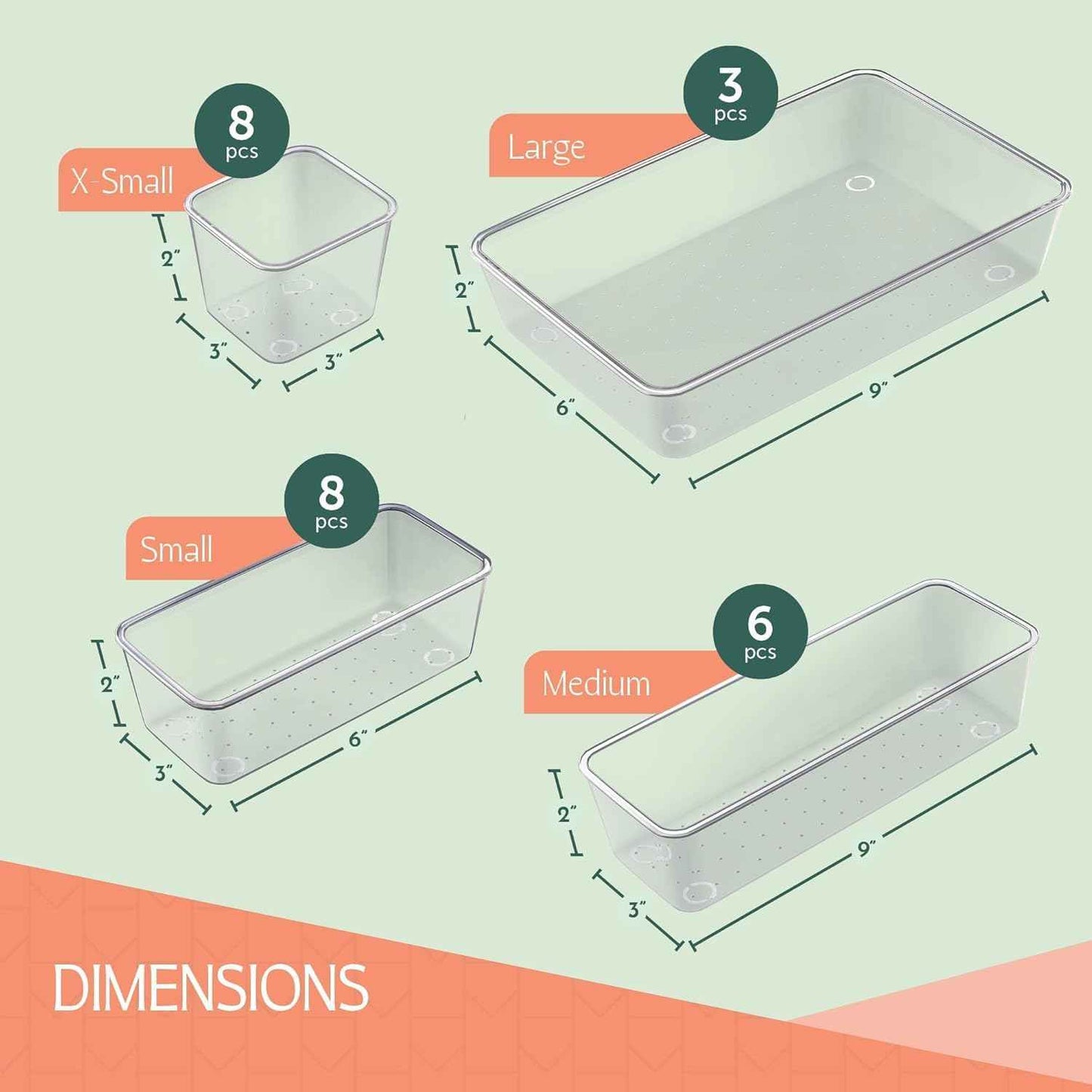 25PCS Clear Plastic Organizer Set, 4 Sizes, Non-Slip Pads for Makeup, Jewelry, Vanity, Kitchen, Office, Desk, Bathroom Drawers