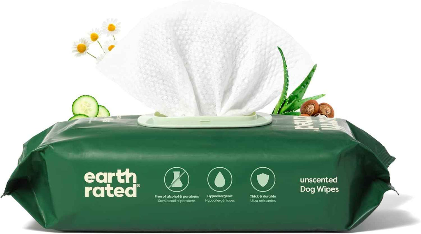 Earth Rated Pet Wipes for Dogs and Cats, Hypoallergenic, Cleaning and Hydrating, for Grooming Paws, Body and Butt, Unscented, 100 Count