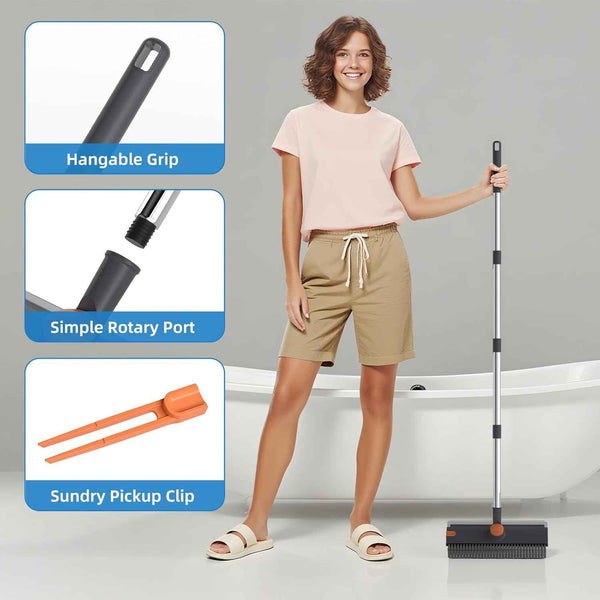 3-in-1 Scrub Brush with Long Handle, Squeegee, and Broom for Cleaning Floors, Walls, Decks, and More