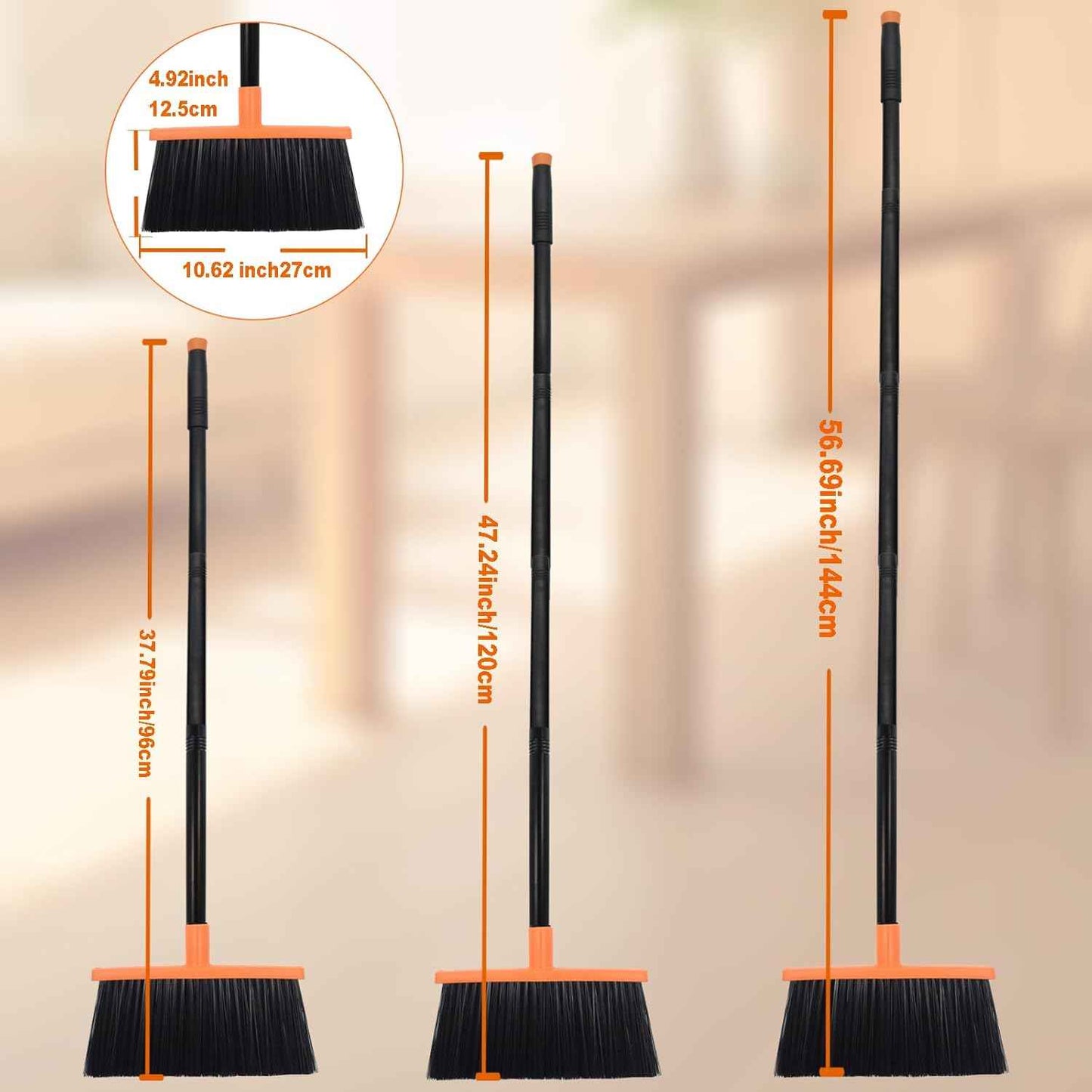 Heavy-Duty Adjustable Angle Broom with 56" Steel Handle - Ideal for Home, Garage, Kitchen, Bathroom, Office, and Outdoor Use - Durable & Efficient Cleaning Tool for Hard Floors (Orange)