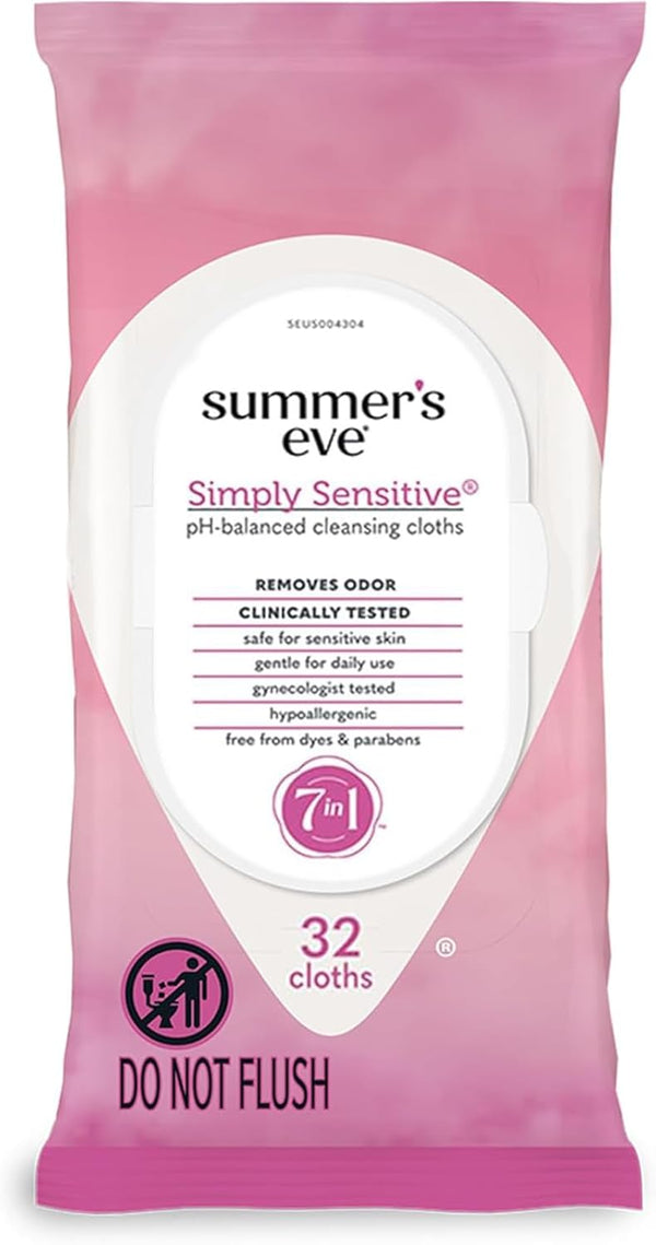 Summer's Eve Simply Sensitive feminine wipes, gentle pH-balanced micellar water formula for vaginal odor control, resealable packs of 32