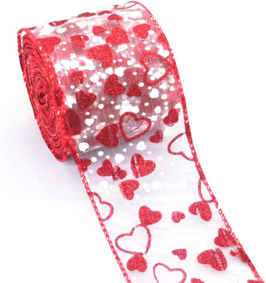 Valentines Fabric Ribbons, White Love Heart Edge Wired Burlap Ribbon for Valentine's Day Hanging Wrapping Party Gift Decoration Indoor Outdoor Tree Crafts Supplies (2.5 Inch * 10 Yards * 1 Roll)