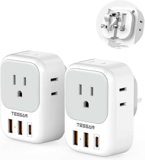 2 Pack European Travel Plug Adapter, TESSAN Europe Power Converter 4 Outlets 3 USB(1 USB C PD 20W), Type C International Adaptor to Italy Spain France Portugal Iceland Germany, EU Travel Essentials