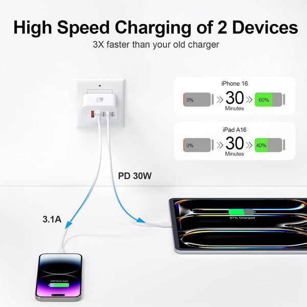 60W 5-Port USB C Charger Block with Fast Charging and Multiple Ports