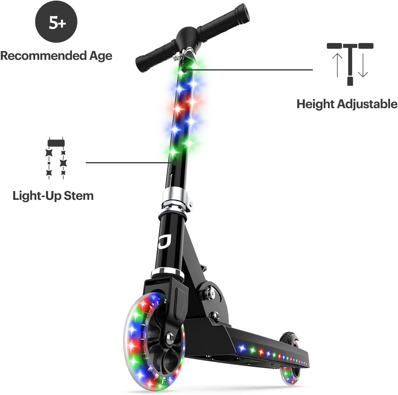 Jetson Kids 2-Wheel Light-Up Kick Scooter, LED Lights on Handlebar, Stem, Wheels & Deck, Adjustable Handlebar, Rear Brake, Easy-Folding Mechanism, Ages 5+