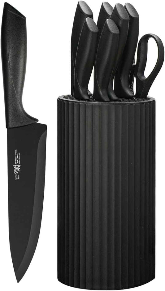 Knife Set, 8-Piece Kitchen Knife Set for Chef, Sharp Knife Set with Universal Knife Block, Anti-Rust Kitchen Knife Block Set, Ergonomical Design (Black)