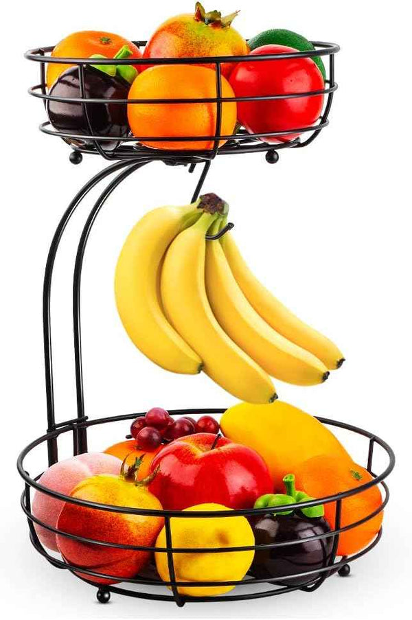 Auledio 2-Tier Countertop Fruit Vegetables Basket with Banana Hanger, Black, 64 oz