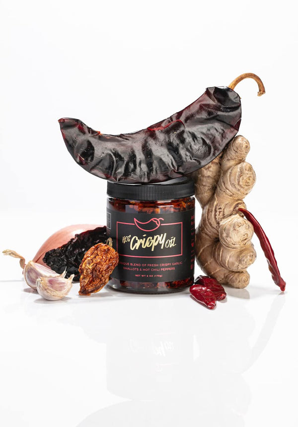 Hot Crispy Oil - Spicy Chili Crisp Blend of Olive Oil, Fresh Crispy Garlic, Shallots & Hot Chili Peppers - 6 fl oz - Mild Heat - Original - Made in USA