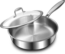 EWFEN 12 Inch Tri-Ply Stainless Steel Frying Pan, Compatible with All Cooktops Up to 600℉, Large Frying Pan with lids, Induction-Ready Skillet, Dishwasher and Oven Safe, Even Heat, 12" Saute Pan+Lid