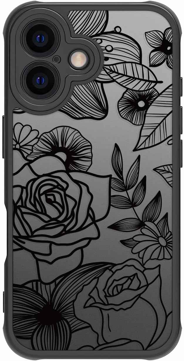 Girly Flower Case Compatible with iPhone 17 Pro Max, Cute Rose Aesthetic Black Line Art Floral Pattern Print, Anti Fingerprint PC Heavy Duty Protection Cases Cover for Girls Women