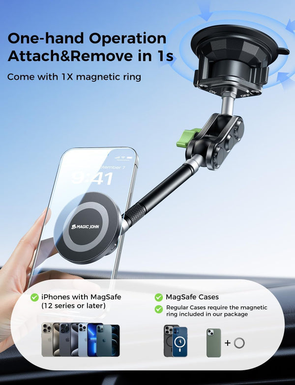 MAGIC JOHN Magnetic Car Phone Holder [Strong Suction&Strong Magnetic] 360° Adjustable Car Phone Mount for Windshield, Ultra-Durable Metal, Suction Cup Car Phone Mount for iPhone Samsung All Smartphone
