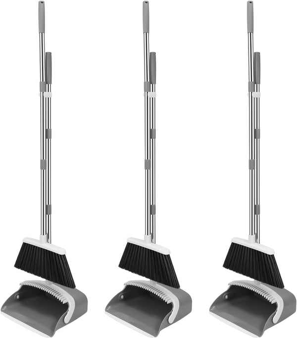 NACENA Broom and Dustpan Set, 52-in Long Adjustable Handle Broom Dustpan Combo with Dustpan Teeth to Automatically Clean Hair Suitable for Home Kitchen Office Hall Floor（Black&Red）