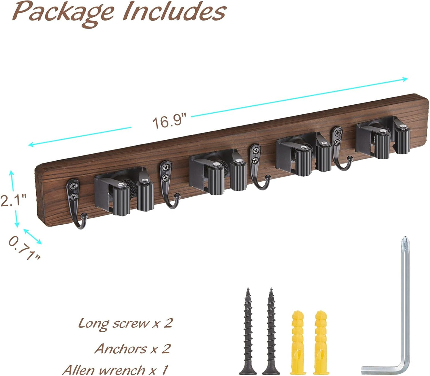 Mop and Broom Holder Wall Mount - Rustic Wood Broom Mop Hanger - Wall Mounted Garden Tool Rack Organizer for Closet Garage Laundry Room Kitchen Decor With 4 Slots & 4 Hooks - Rayz Mart