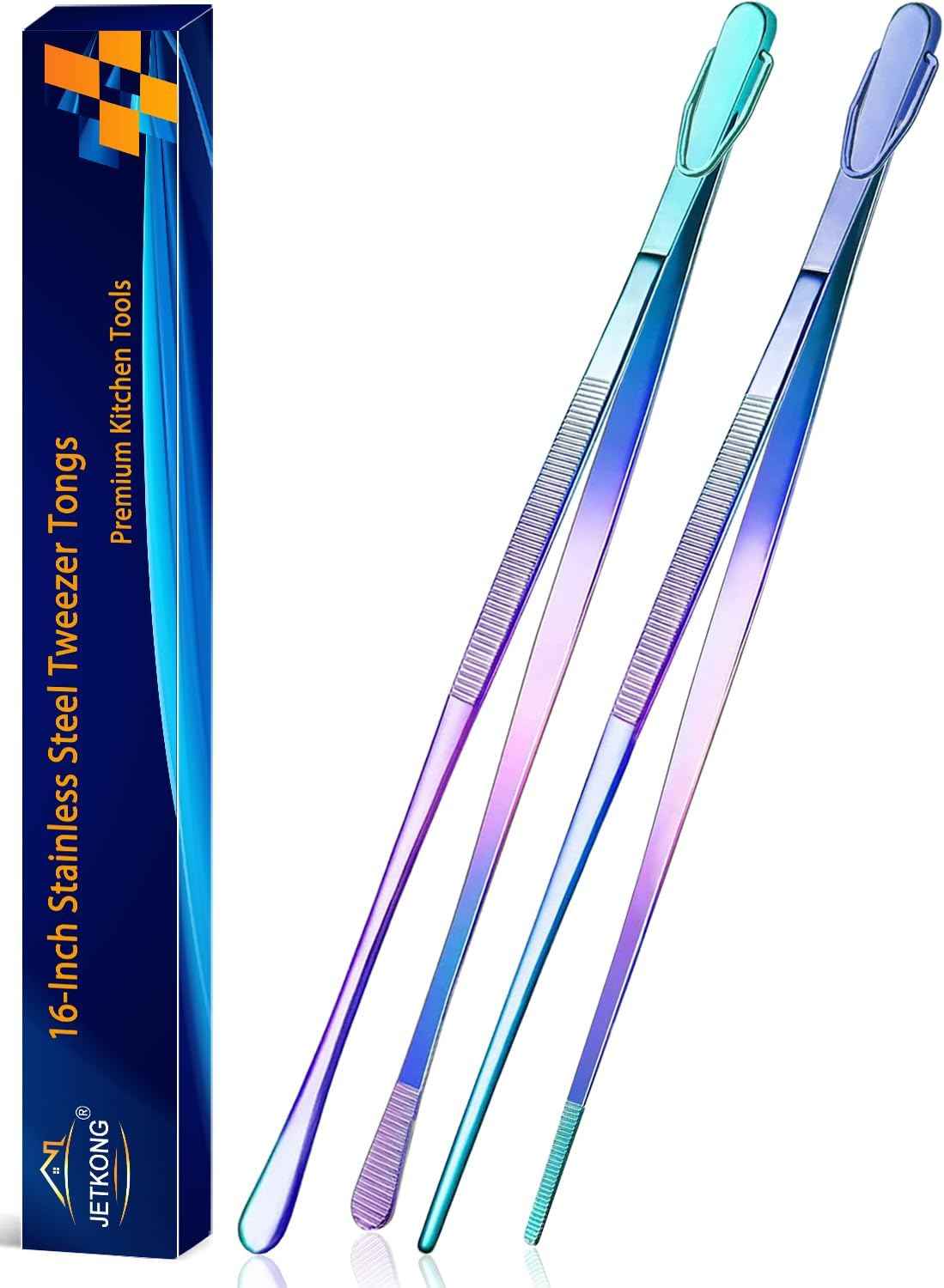 JETKONG 2 Pcs 12-Inch Kitchen Tweezers Fine Tweezer Tongs, Extra-Long Stainless Steel Cooking Tweezers (Silver)
