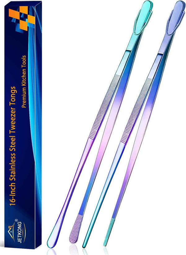 JETKONG 2 Pcs 12-Inch Kitchen Tweezers Fine Tweezer Tongs, Extra-Long Stainless Steel Cooking Tweezers (Silver)