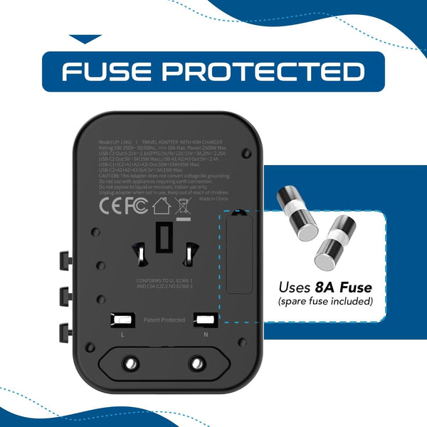 Ceptics Universal Travel Adapter, 45W International Power Adapter with PD & QC 3.0 Dual USB-C, 3 USB Travel Adapter Worldwide, Type I C G A Outlets 110V 220V A/C - EU Euro US UK (11-KU)