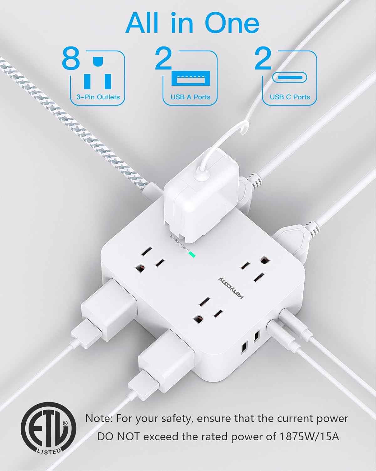 Surge Protector Power Strip - HANYCONY 8 Outlets 4 USB (2 USB C) Charging Ports, Multi Plug Outlet Extender, 5Ft Braided Extension Cord, Flat Plug Wall Mount Desk Charging Station for Home Office ETL