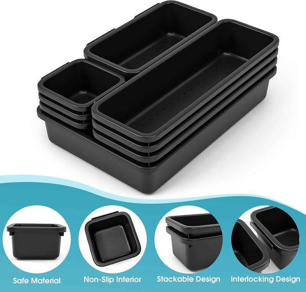 10 PCS Drawer Organizer Set, 4 Size Makeup Drawer Dividers with Non-Slip Pads, Interlocking Plastic Storage Bins for Office, Jewelry Vanity, Gadget, Bathroom, Kitchen