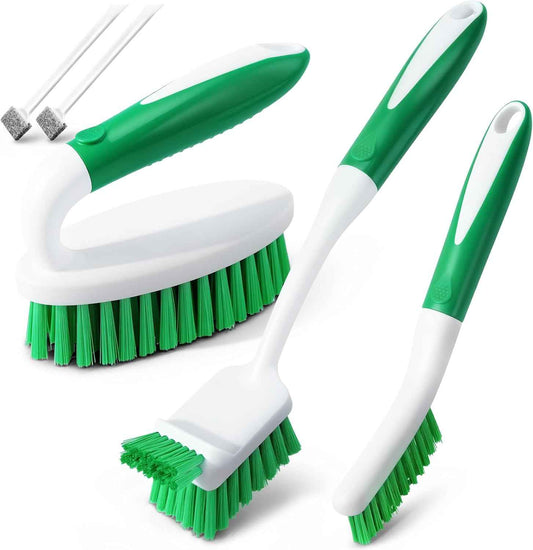 Holikme Cleaning Brush Set for Household Use, Scrub Brush, Kitchen Brush, Tile Lines Brush for Bathroom, Floor, Tub, Shower and Kitchen Surface (Green)