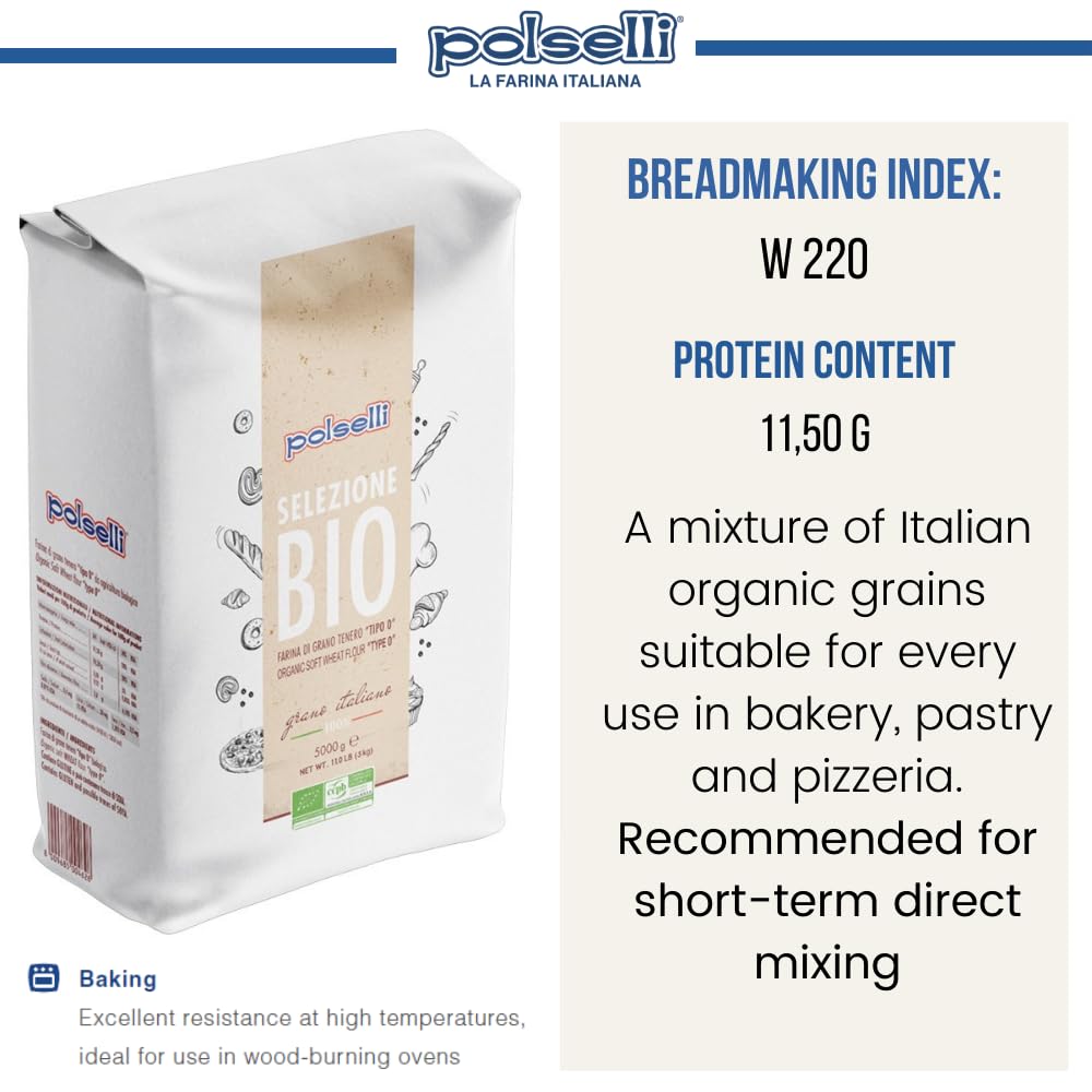 POLSELLI Organic Flour, Type 00, 100% Italian Grain, Double Zero Flour ...