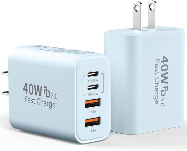 USB C Charger Block, 40W 4 Ports Type C Fast Phone Charging Blocks Cube PD USBC Wall Plug+QC 3.0 USB A Charger Brick Box Power for iPhone 17/16/15/14/13/12 Pro Max, iPad, Samsung Galaxy, Pixel, 2Pack
