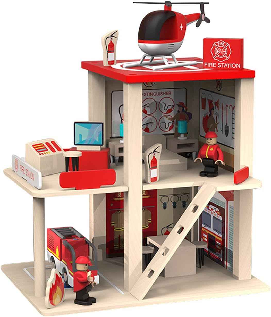 Wooden Fire Station Playset, Multicolor 3-Level Pretend Play Dollhouse with Figures, Truck, Helicopter and Accessories, Preschool Learning Educational Toys for Toddlers Kids Age 3 and up