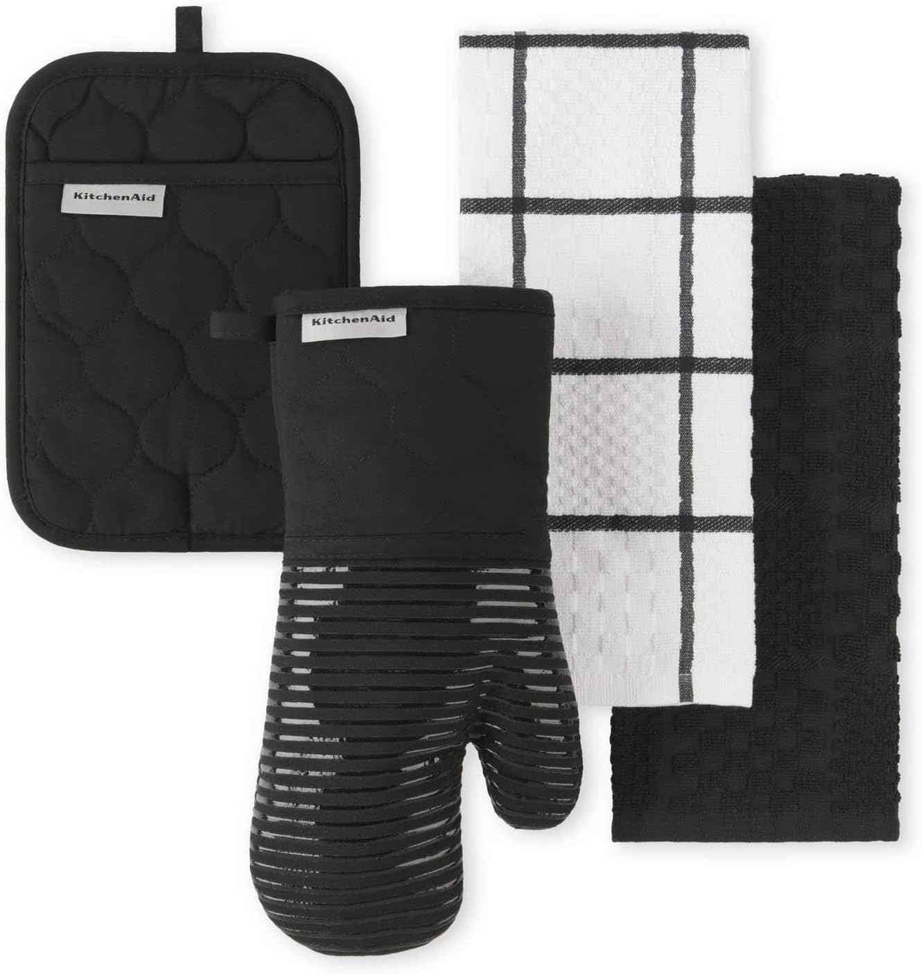 KITCHENAID Quilted Cotton Terry Cloth Oven Mitt, Pot Holder, Kitchen Towel 4-Pack Set, Heat Resistant, Silicone Grip, 16"x26", 7"x13" & 7"x10", Milkshake