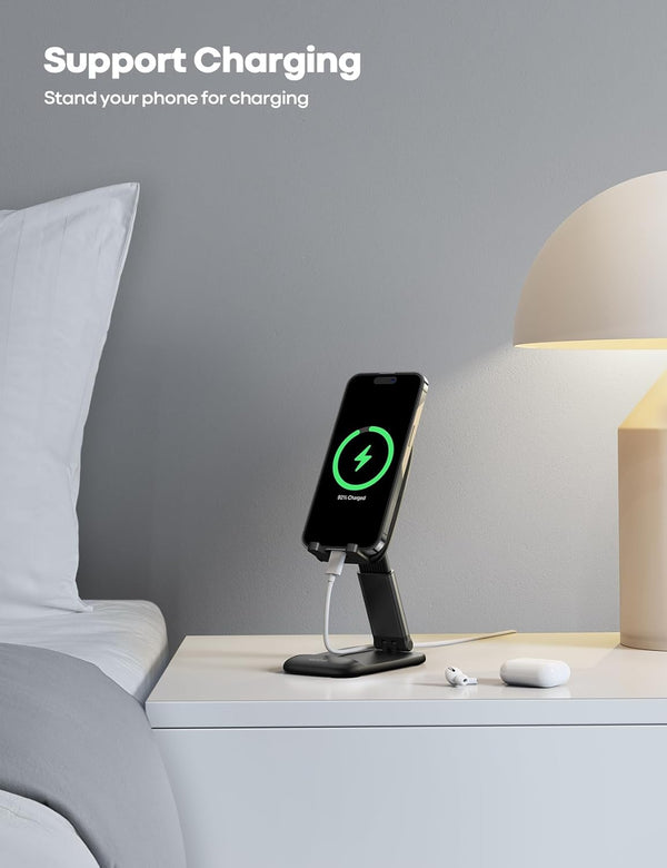 Adjustable phone stand for desk, compatible with iPhone and Galaxy