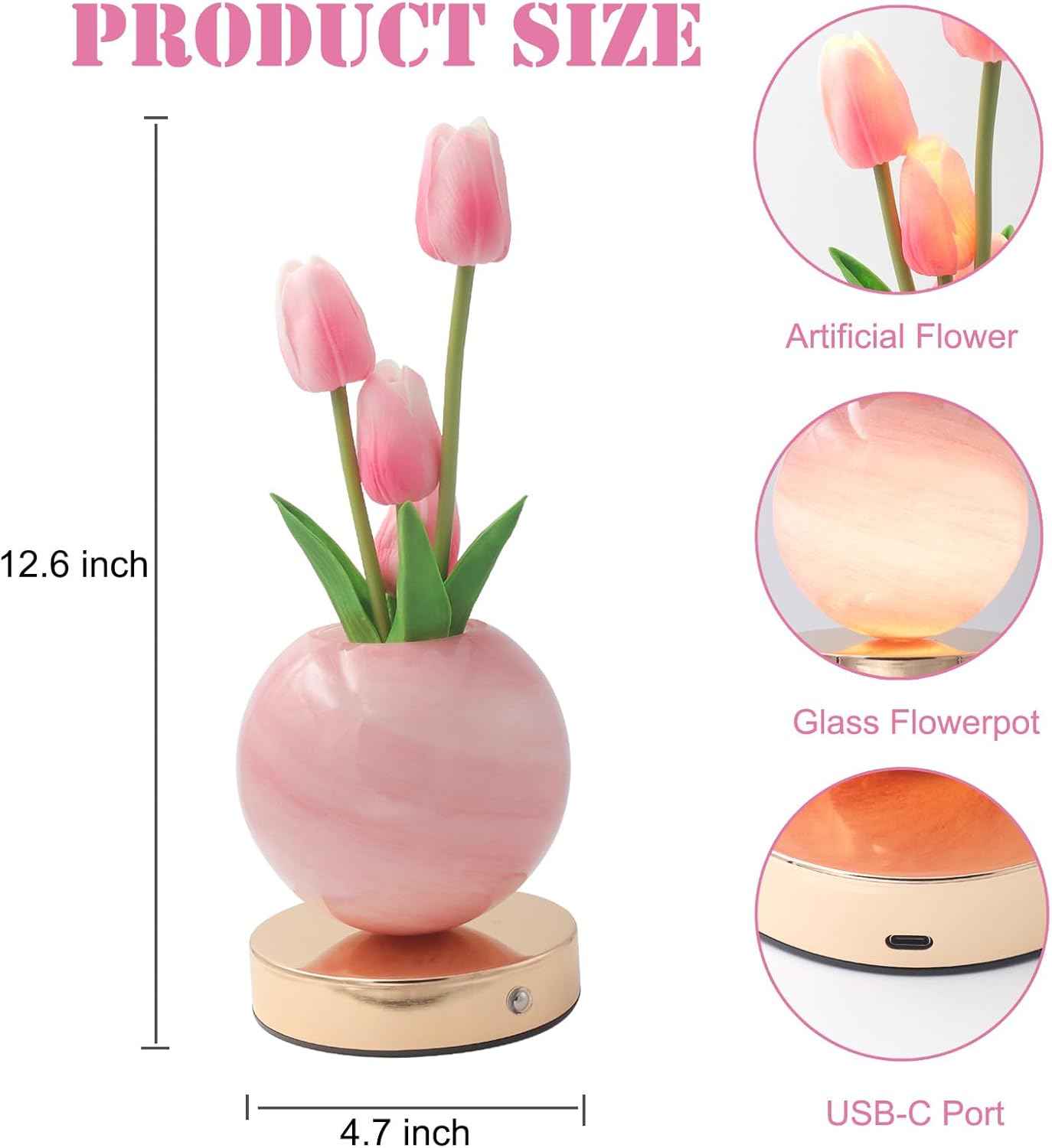 Tulip Flower Lamp, Rechargeable Cordless Touch Table Lamp, 3-Colour Infinitely Dimming Night Light, LED Artificial Tulips Decor, Birthday Gifts for Women Mom (Pink)