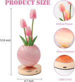 Rechargeable Cordless Touch Tulip Flower Table Lamp, 3-Color Infinitely Dimming Night Light with LED Artificial Tulips Decor (Pink)