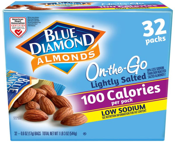 Blue Diamond Low Sodium Almonds, 100 Calorie Packs, 0.6 Ounce, Pack of 32, Lightly Salted, Snack Nuts