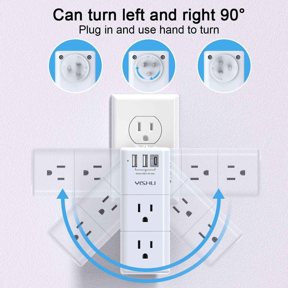 USB Multi Plug Outlet Extender - YISHU Surge Protector with Rotating Plug, 6 AC Plug Extender with 3 USB Ports, 3-Sided Swivel Power Strip Best Ideal Stocking Stuffers for Adults
