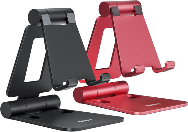 Nulaxy 2 Pack Fully Aluminum Dual Folding Cell Phone Stand, Adjustable Foldable Desktop Phone Holder for Desk Compatible with iPhone 17 16 15 14 13 12 11 Pro Max Xs Xr X 8, All Phones, Black & Silver