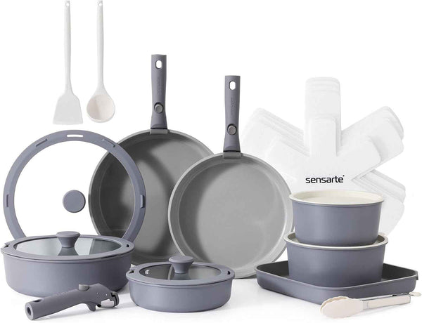 SENSARTE 24 Piece Pots and Pans Set, Nonstick Detachable Handle Cookware, Induction Kitchen Cookware Set with Removable Handle, Healthy Non Stick for RV, Dishwasher ＆ Oven Safe (White)