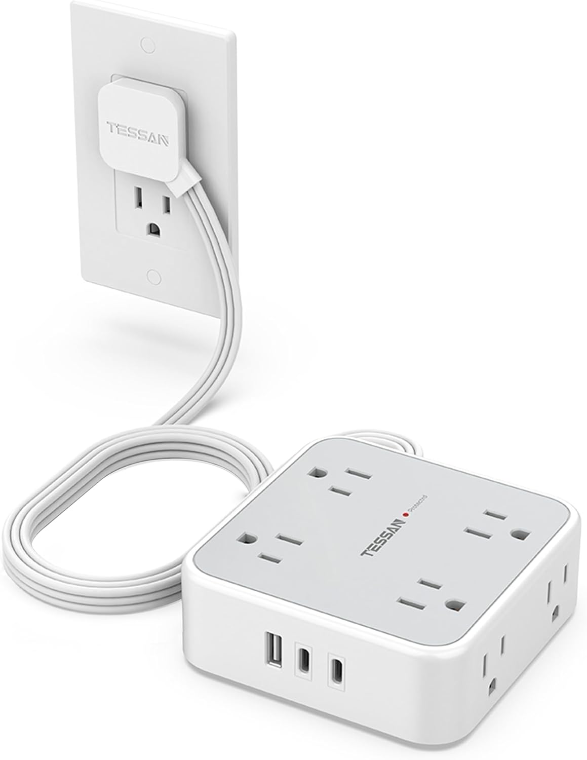 TESSAN Surge Protector Power Strip, 5 Ft Flat Plug Extension Cord with 3 USB (1 USB C) 8 Outlets, 900J Surge Protection, 3 Sided Outlet Extender with Power Switch for Office, Dorm Room Essentials