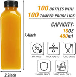 TOMNK 100pcs 16oz Plastic Beverage Containers, Black Caps with Label, Funnel and Brush for Juicing, Smoothies, Tea, Milk