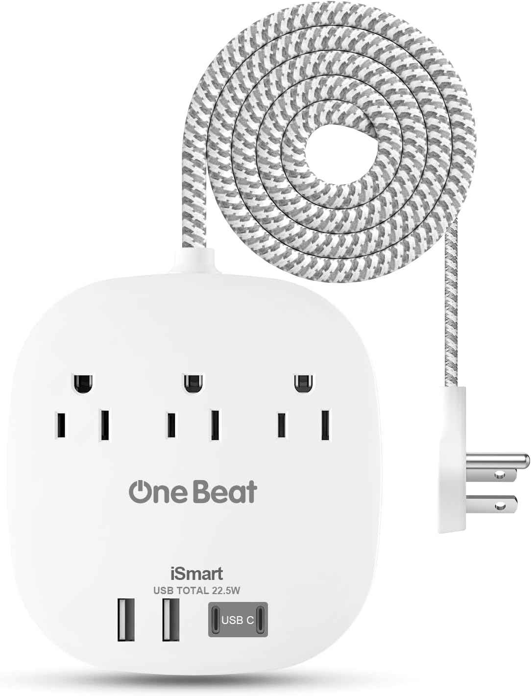 Flat Plug Power Strip, 5ft Ultra Flat Extension Cord - 3 Outlets 4 USB Ports (2 USB C) 22.5W/4.5A Desktop Charging Station, No Surge Protection for Cruise Ship, Dorm Room Travel Essentials