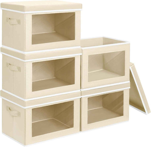 Storage Bins with Lids - Fabric Closet Storage Bins with Window, Collapsible Baskets for Shelves 4 Pack, Home Decorative Boxes for Clothes, Closet, Office, Grey